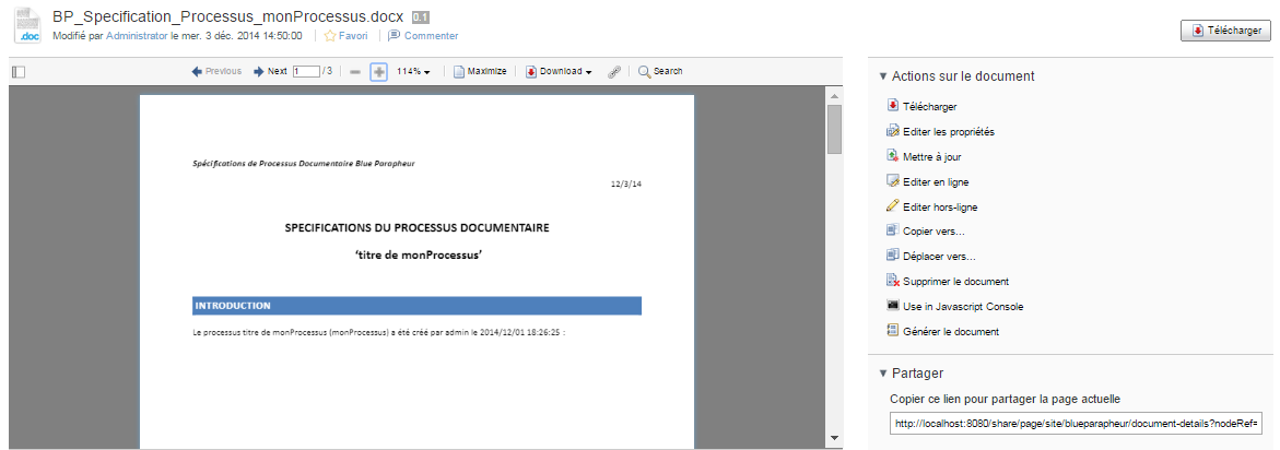 Page de détails de la documentation du processus